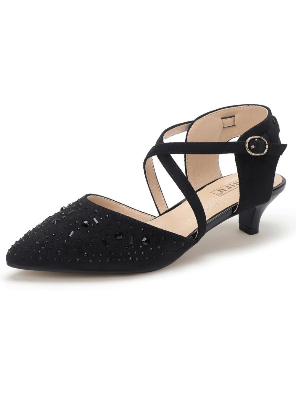 Women's Black Suede Comfortable Pointed Toe Ankle Strap Kitten Low Heels Shoes